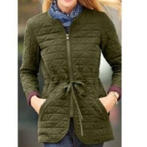 Women Olive Green Quilted Adjustable Waist Jacket Maroon Lined size S/P(6-8)
